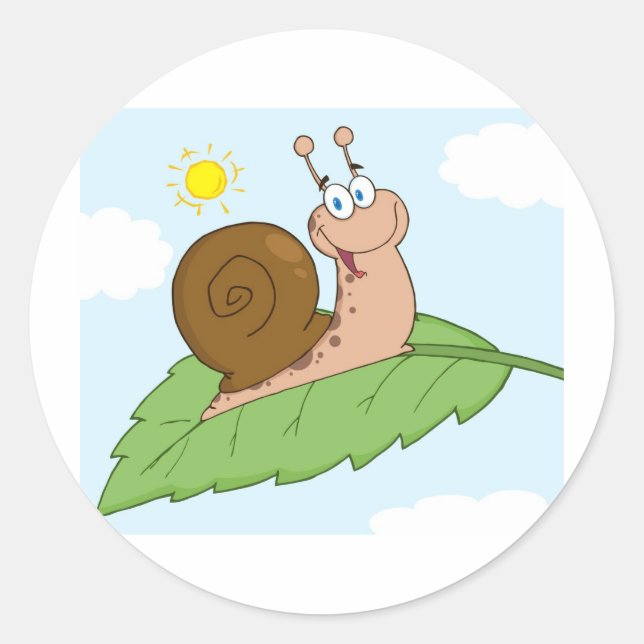 Smiling Super Snail on His Leaf Classic Round Sticker (Front)