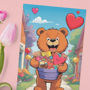 Smiling Teddy Bear with Gift Basket Valentine Poster