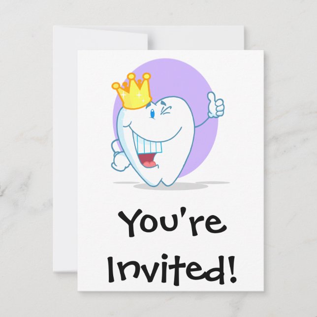 Smiling Tooth Cartoon Character With Golden Crown Invitation (Front)
