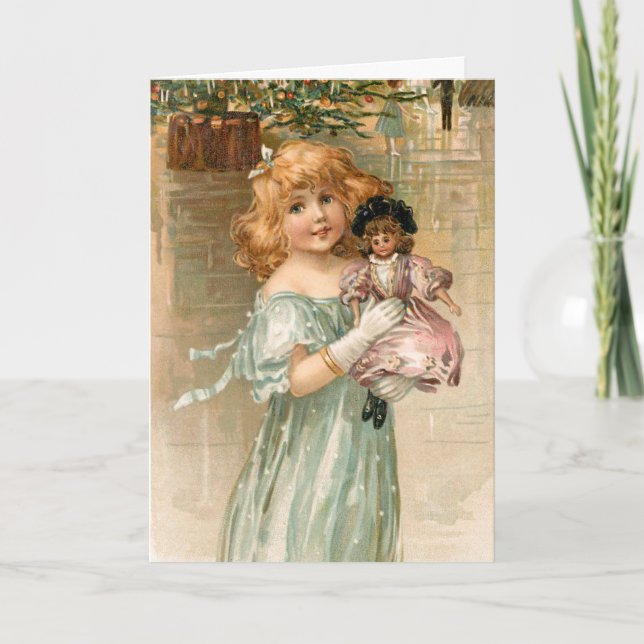 Smiling Victorian Girl with Doll at Christmas Ball Holiday Card (Front)