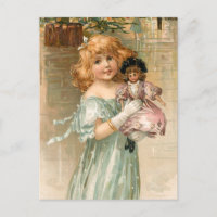 Smiling Victorian Girl with Doll at Christmas Ball