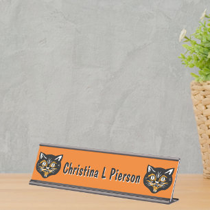Smiling Vintage Black Cat Halloween Face Ornange Desk Name Plate