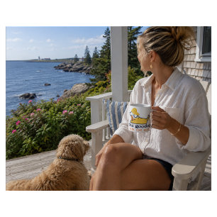 Smiling Wagging Dog in Yellow Slicker with Lobster Coffee Mug