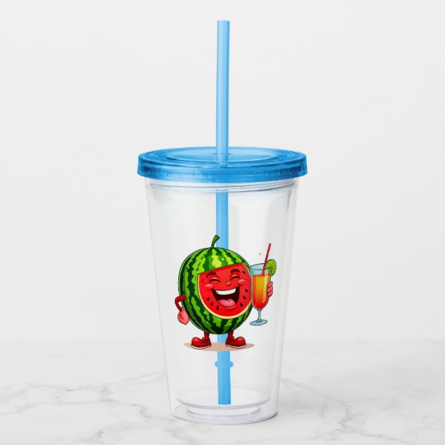 🍉 Smiling Watermelon Character Enjoying Acrylic Tumbler (Front)