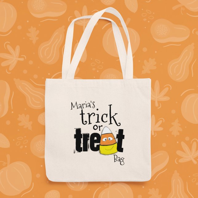 Smiling Whimsy Halloween Candy Corn Tote Bag (Cute Halloween candy corn trick or treat tote bag with playful script design.)