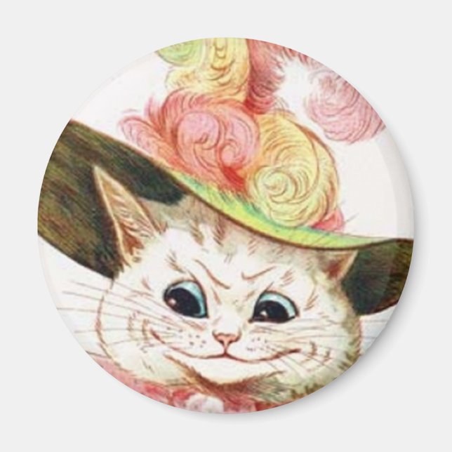 Smiling White Cat With Hat Magnet (Front)
