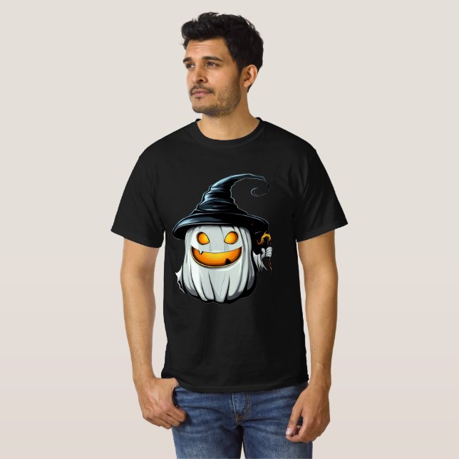 Smiling White Pumpkin Witch Design T-Shirt (Front Full)