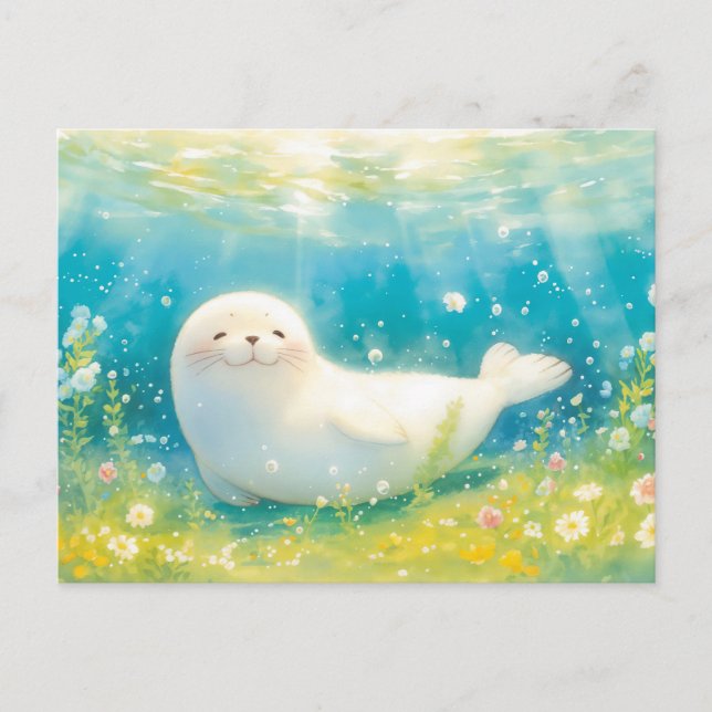 Smiling White Seal in Luminous Ocean Postcard (Front)
