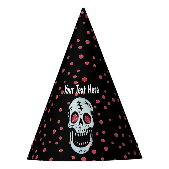 Smiling White Skull Red Glitter Eyes Polka Dots Party Hat (Front)