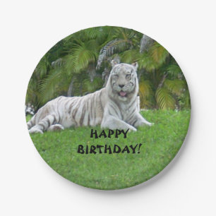 Smiling White Tiger and Palm Trees Paper Plates
