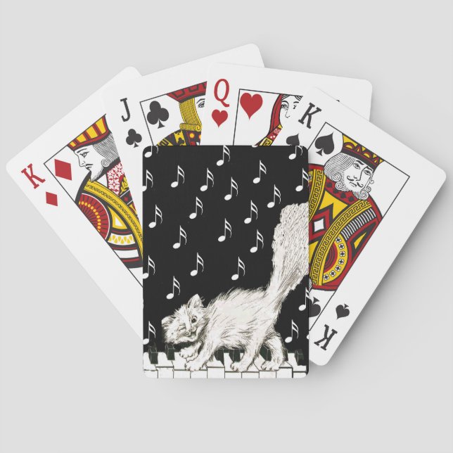 Smiling Winking Fluffy White Cat on Piano Bicycle  Playing Cards (Back)