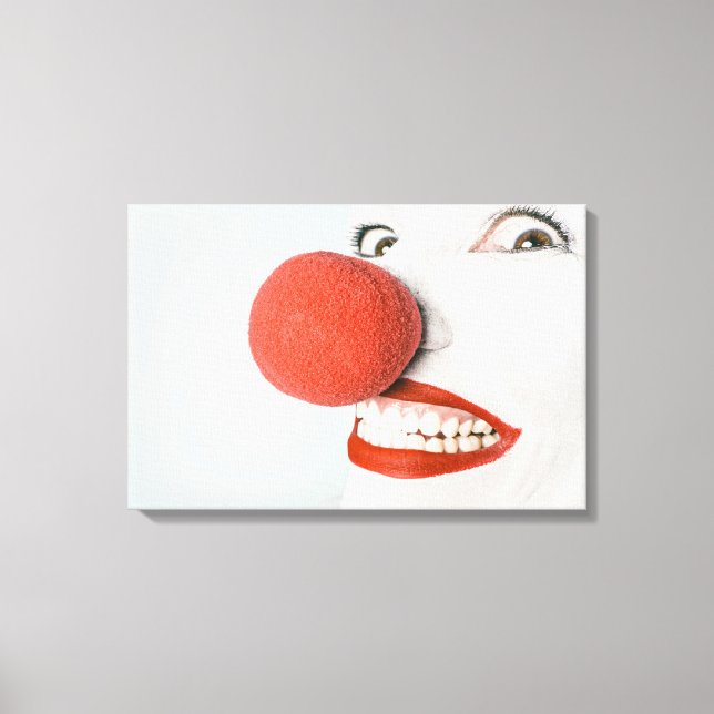 Smiling woman clown with a big red nose, canvas print (Front)