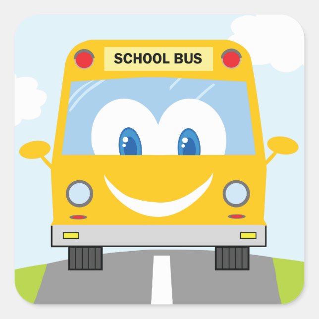 Smiling Yellow School Bus Square Sticker (Front)