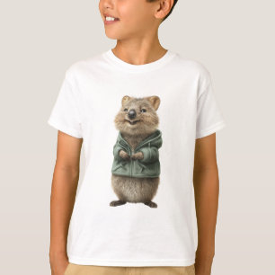 Smirking Quokka in Green Hoodie Kids T-Shirt