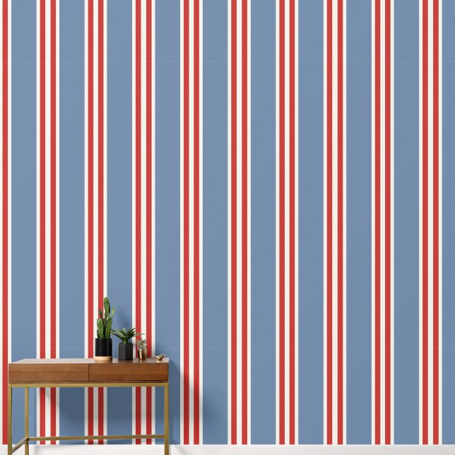 Smoke Blue & Barn Red Double Rugby Stripe  Wallpaper (Hallway)