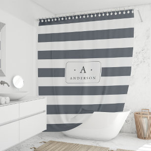 Smoke Blue Stripe Family Name & Monogram Shower Curtain