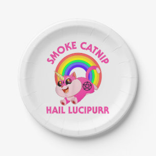 Smoke Catnip Hail Lucipurr, Funny Satan Cat Unicor Paper Plate