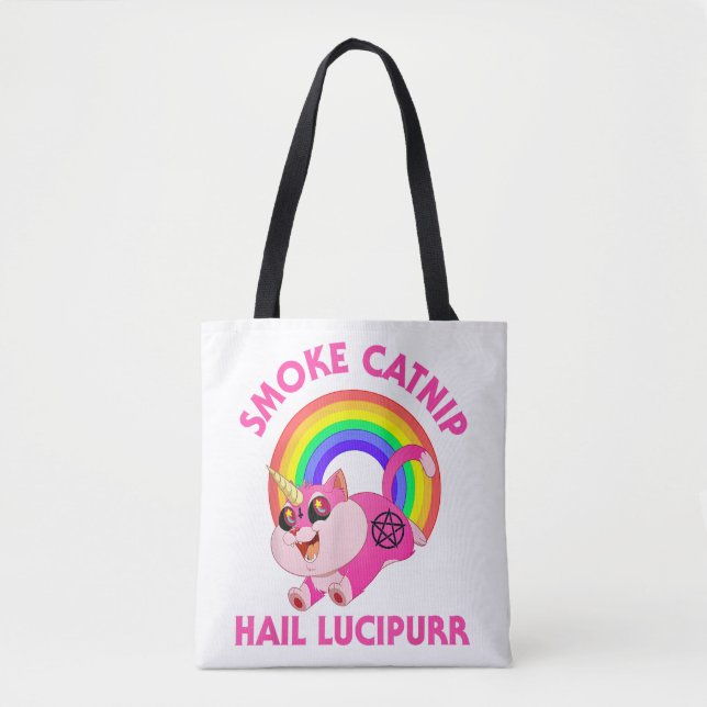 Smoke Catnip Hail Lucipurr, Funny Satan Cat Unicor Tote Bag (Front)