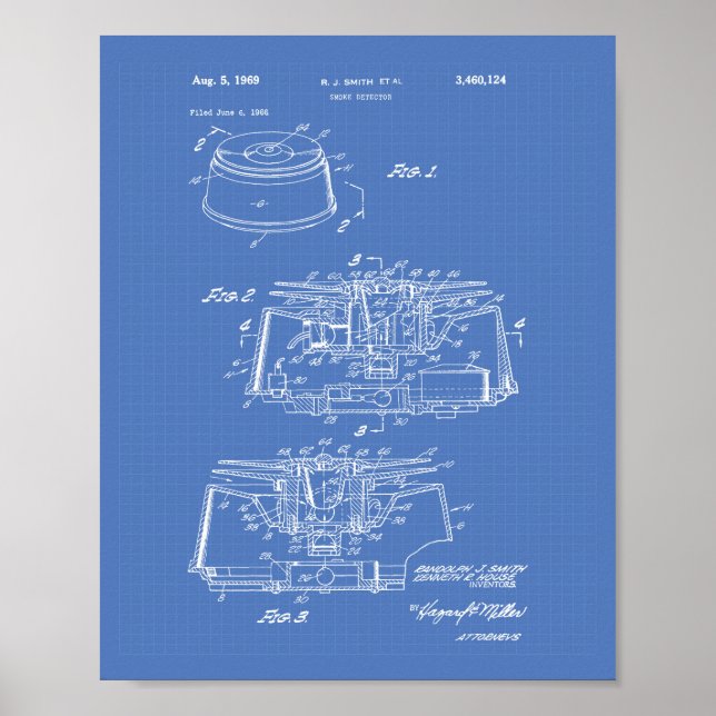 Smoke Detector 1969 Patent Art - Blueprint Poster (Front)