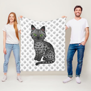 Smoke Egyptian Mau Cute Cartoon Cat & Paws Fleece Blanket