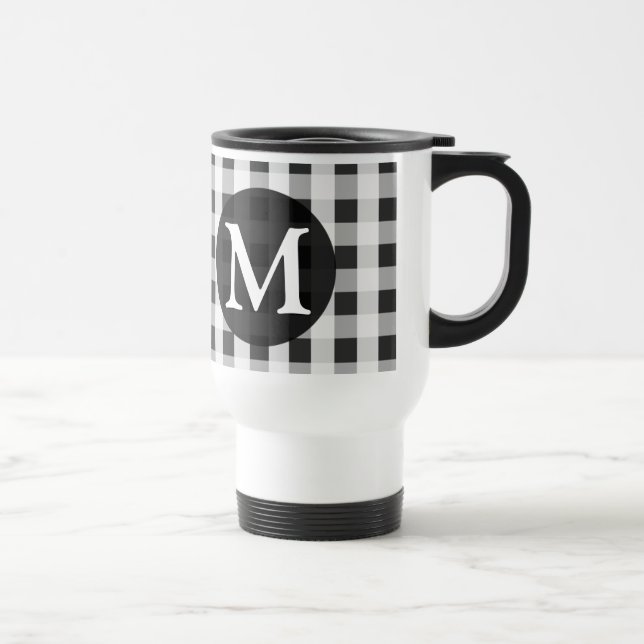 Smoke Grey Gingham Pattern Personalised Monogram Travel Mug (Right)