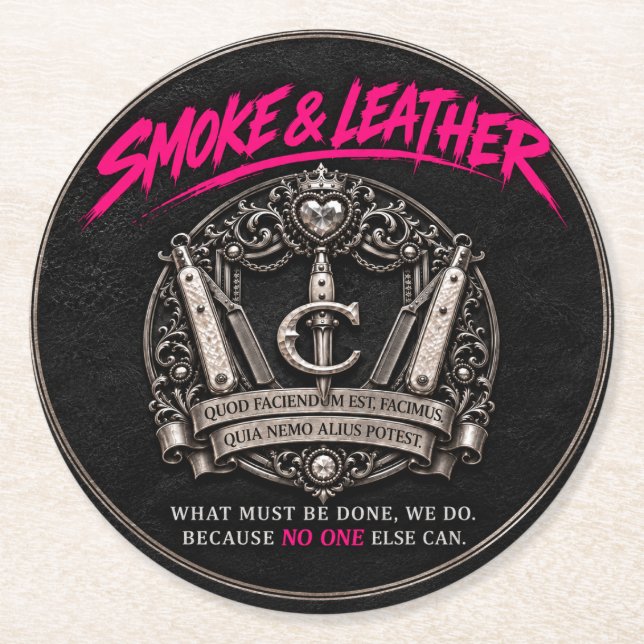 Smoke & Leather – Silver Compact Pub Mat Round Paper Coaster (Front)