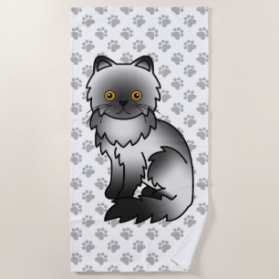 Smoke Persian Cute Cartoon Cat & Paws Beach Towel