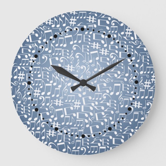 Smokey Blue Shades Dark to Light Music Notes Large Clock (Front)
