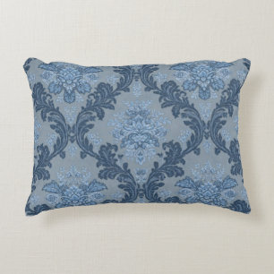 Smokey Blue Slate Soft Powder Blue Elegant Damask Decorative Cushion