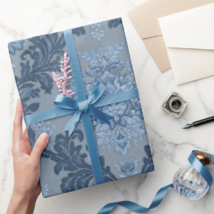 Smokey Blue Slate Soft Powder Blue Elegant Damask Wrapping Paper