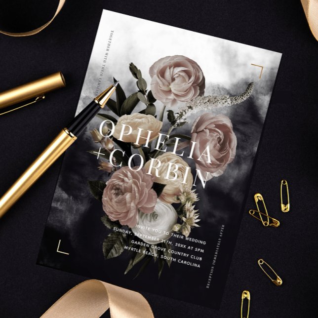 Smokey Dark Black Rose Bouquet Wedding Invitation (Creator Uploaded)