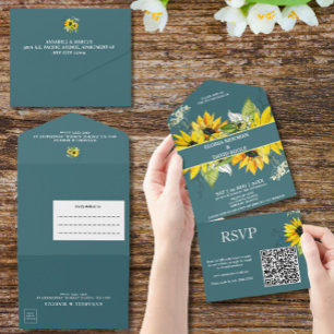 Smokey Green Sunflower All in One Wedding Invite