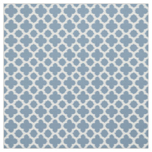 Smokey Grey Blue White Ikat Quatrefoil Pattern Fabric