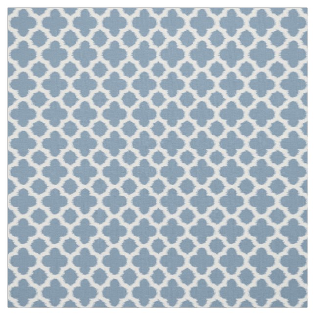 Smokey Grey Blue White Ikat Quatrefoil Pattern Fabric (Swatch)