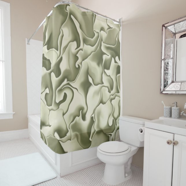 Smokey Olive Green and Tan Shower Curtain (In Situ)