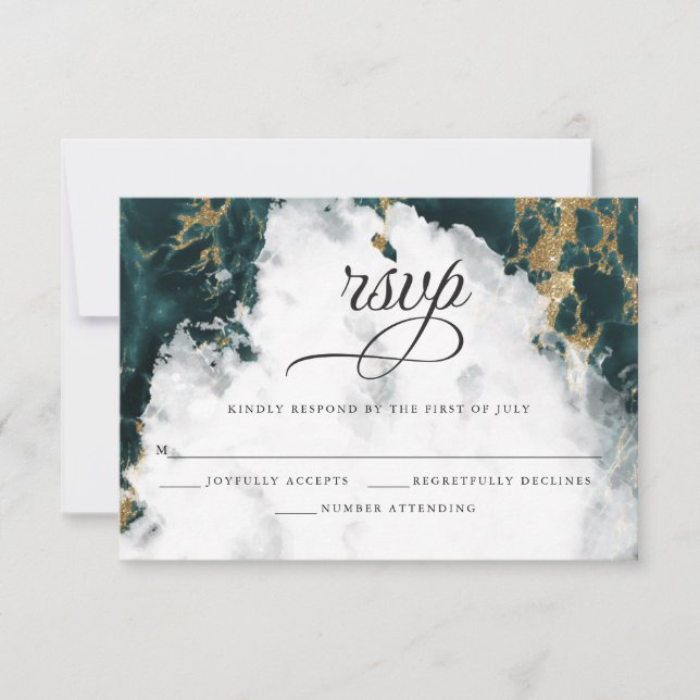 Smokey Teal Watercolor Geode  BarefootBride™ RSVP Card (Front)