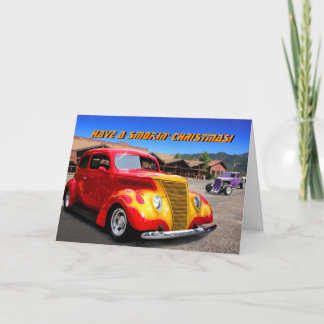 Smokin' flame-red hot rod car Christmas card