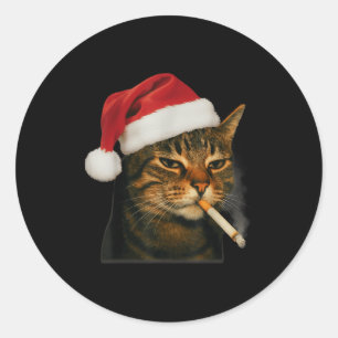 Smoking Cat Cigarette Christmas Santa Hat Cat Meme Classic Round Sticker