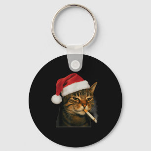 Smoking Cat Cigarette Christmas Santa Hat Cat Meme Key Ring