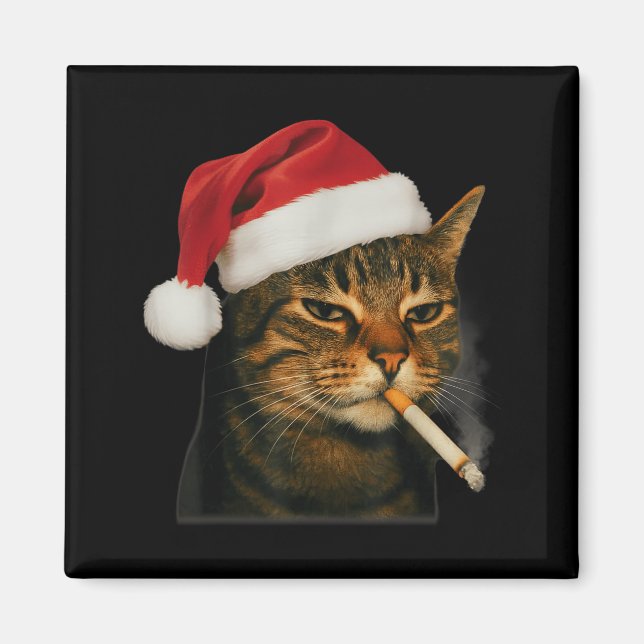 Smoking Cat Cigarette Christmas Santa Hat Cat Meme Magnet (Front)