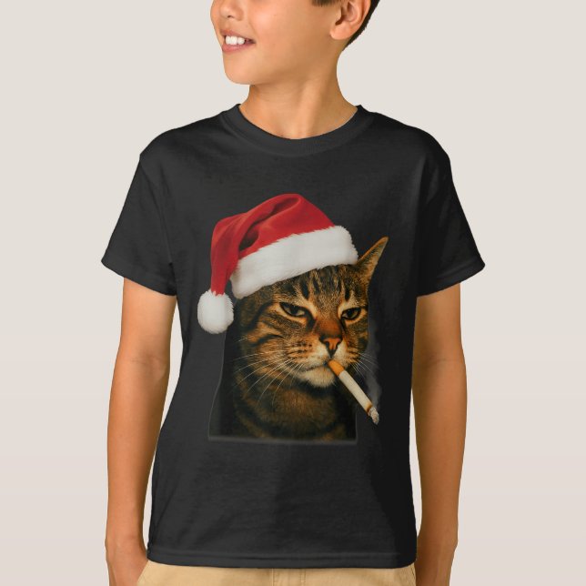 Smoking Cat Cigarette Christmas Santa Hat Cat Meme T-Shirt (Front)