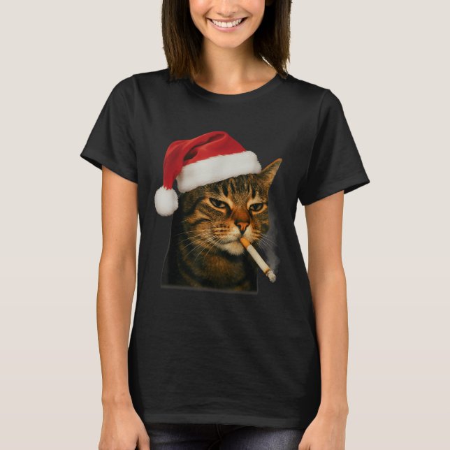Smoking Cat Cigarette Christmas Santa Hat Cat Meme T-Shirt (Front)
