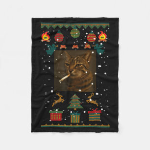 Smoking Cat Cigarette Meme Sarcasm Ugly Christmas  Fleece Blanket