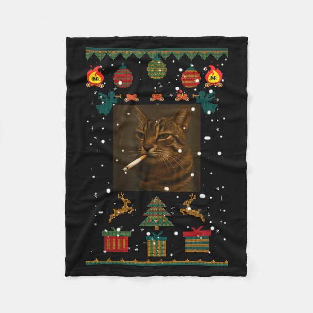 Smoking Cat Cigarette Meme Sarcasm Ugly Christmas  Fleece Blanket (Front)