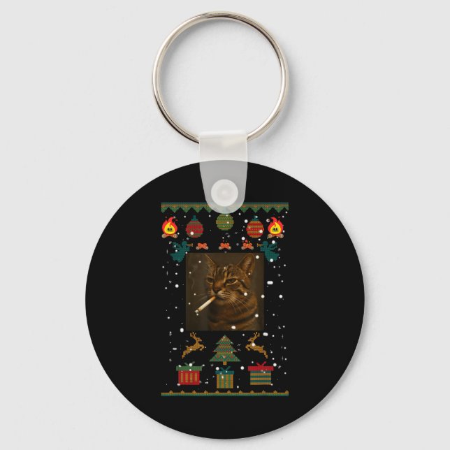 Smoking Cat Cigarette Meme Sarcasm Ugly Christmas  Key Ring (Front)