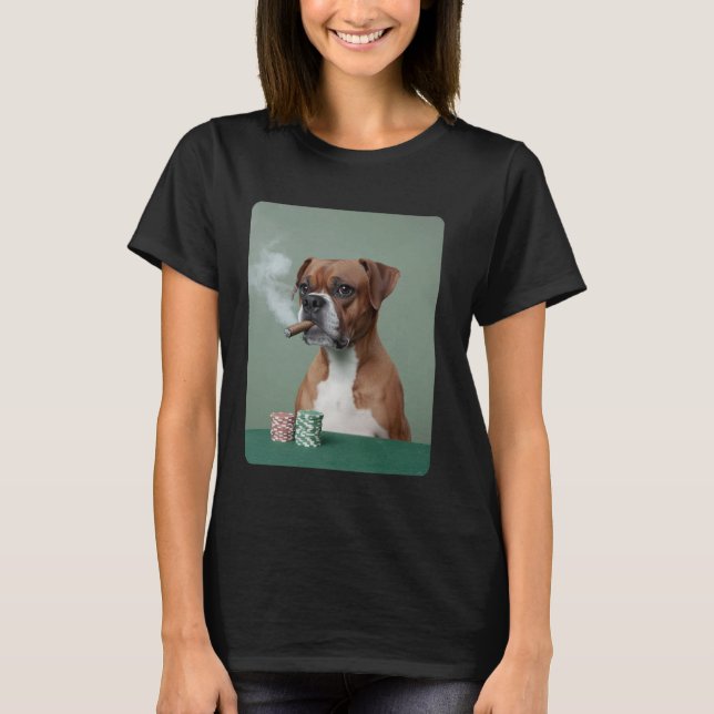 Smoking Cigar Gambling Boxer Dog Playing Poker Mem T-Shirt (Front)
