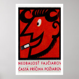 Smoking Devil Ram Matchbox Art Print, Czech Poster