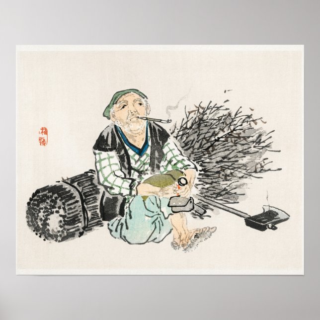Smoking farmer with branches by Kōno Bairei Poster (Front)