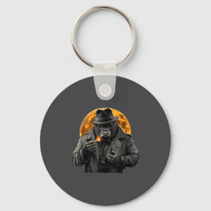 Smoking Gorilla In Trench Coat With Orange Moon Ar Key Ring