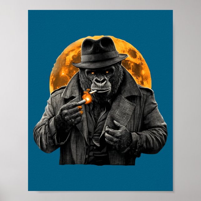 Smoking Gorilla In Trench Coat With Orange Moon Ar Poster (Front)
